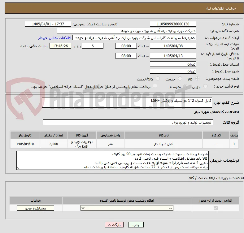 کابل کنترل 2*1 دو شیلد و روکش LSHF