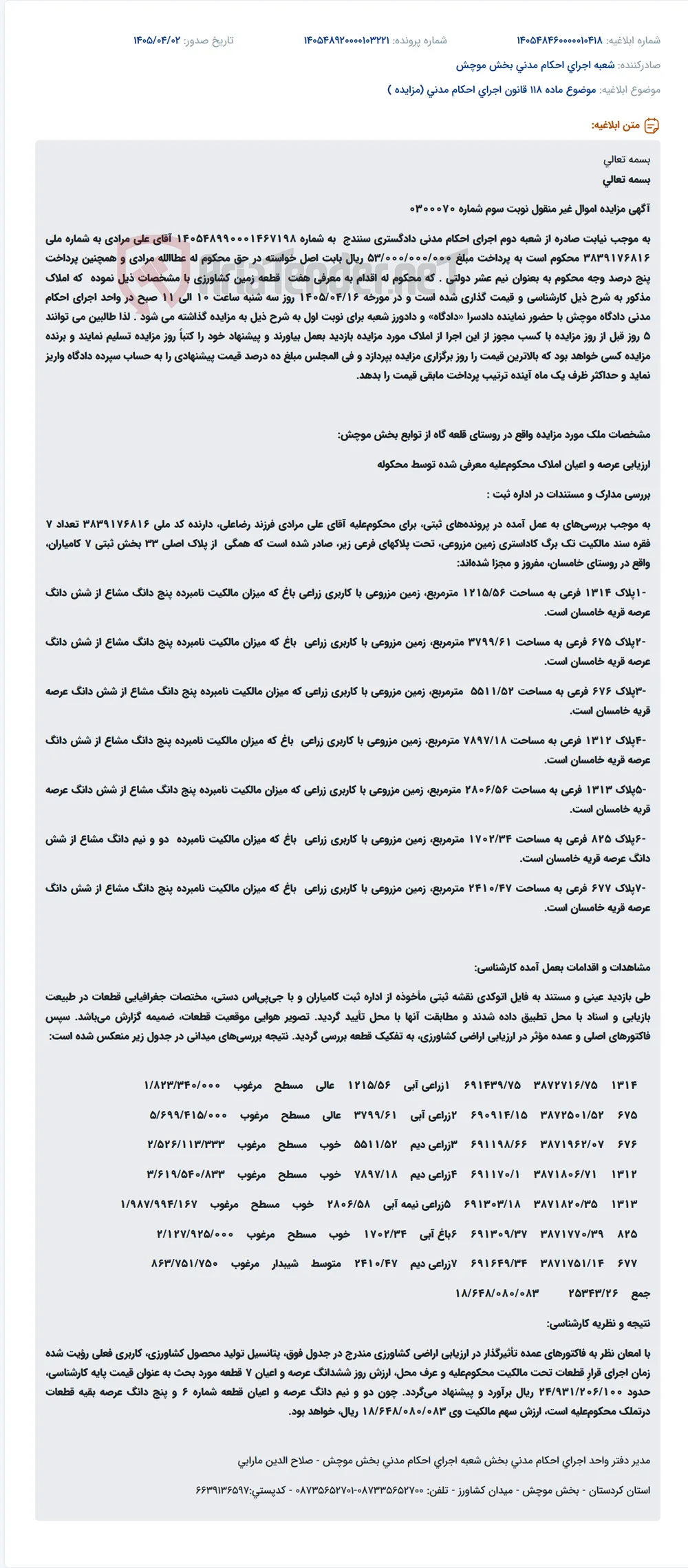 موضوع ماده 118 قانون اجرای احکام مدنی (مزایده )