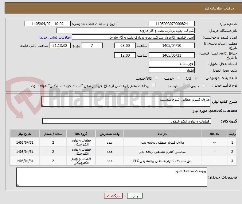 ماژول کنترلر مطابق شرح پیوست