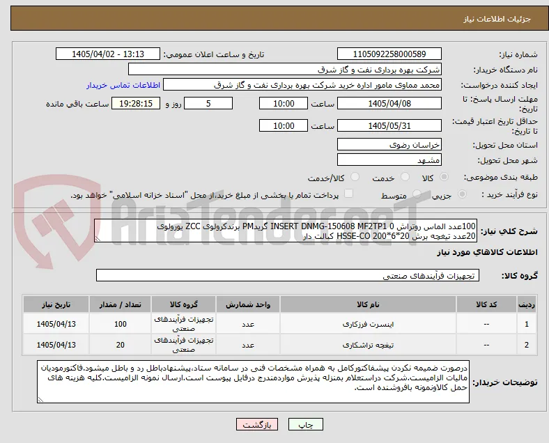 100عدد الماس روتراش INSERT DNMG-150608 MF2TP1 0 گریدPM برندکرولوی ZCC یورولوی
20عدد تیغچه برش 20*6*200 HSSE-CO کبالت دار