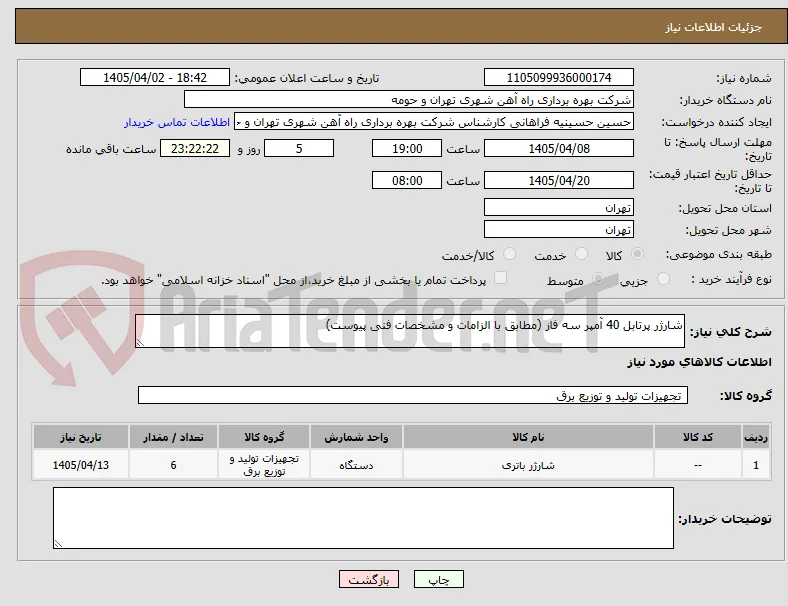 شارژر پرتابل 40 آمپر سه فاز (مطابق با الزامات و مشخصات فنی پیوست)