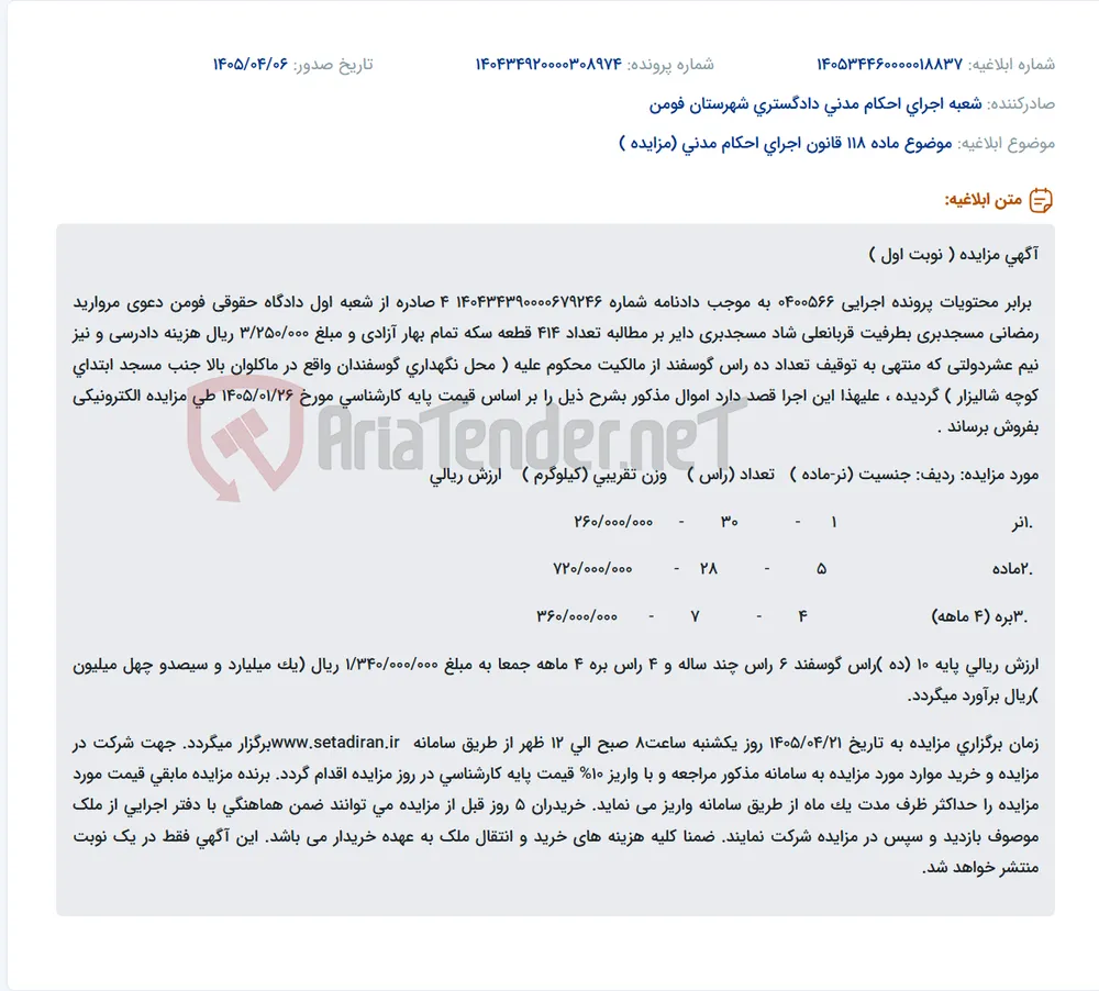 مزایده الکترونیکی ده راس گوسفند در سامانه ستاد ایران.