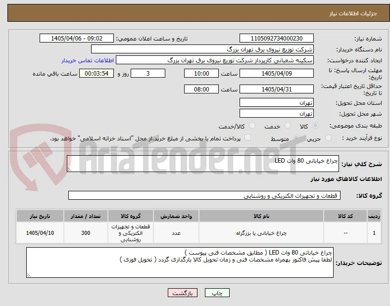 چراغ خیابانی 80 وات LED