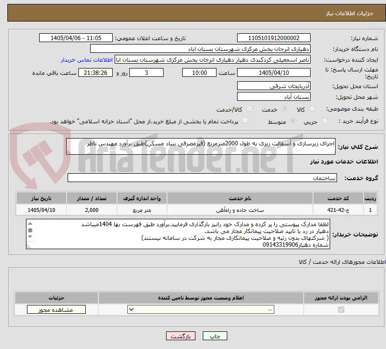 اجرای زیرسازی و آسفالت ریزی به طول 2000مترمربع (قیرمصرفی بنیاد مسکن)طبق برآورد مهندس ناظر
