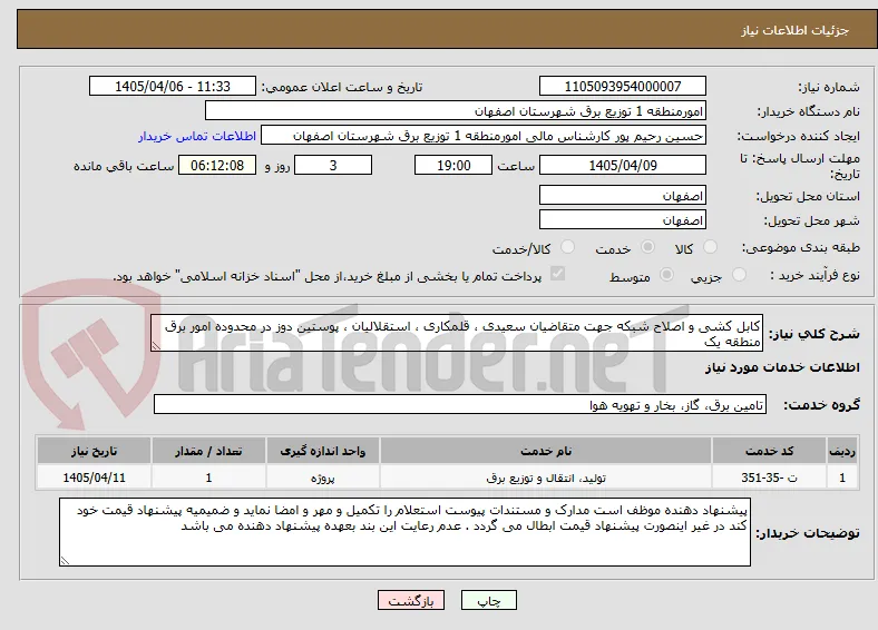 کابل کشی و اصلاح شبکه جهت متقاضیان سعیدی ، قلمکاری ، استقلالیان ، پوستین دوز در محدوده امور برق منطقه یک