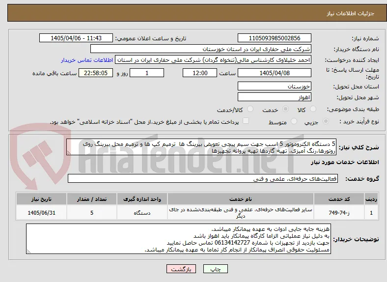 5 دستگاه الکتروموتور 5 اسب جهت سیم پیچی تعویض بیرینگ ها  ترمیم کپ ها و ترمیم محل بیرینگ روی روتورها،رنگ آمیزی، تهیه گاردها تهیه پروانه تجهیزها
