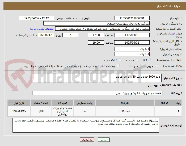 خرید 8000 عدد لامپ 30 وات ال ای دی 