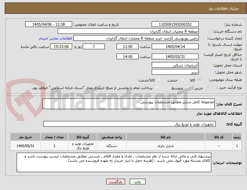 مجموعه کامل شارژر مطابق مشخصات پیوستی