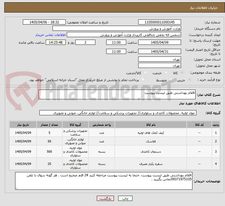 اقلام بهداشتی طبق لیست پیوست 