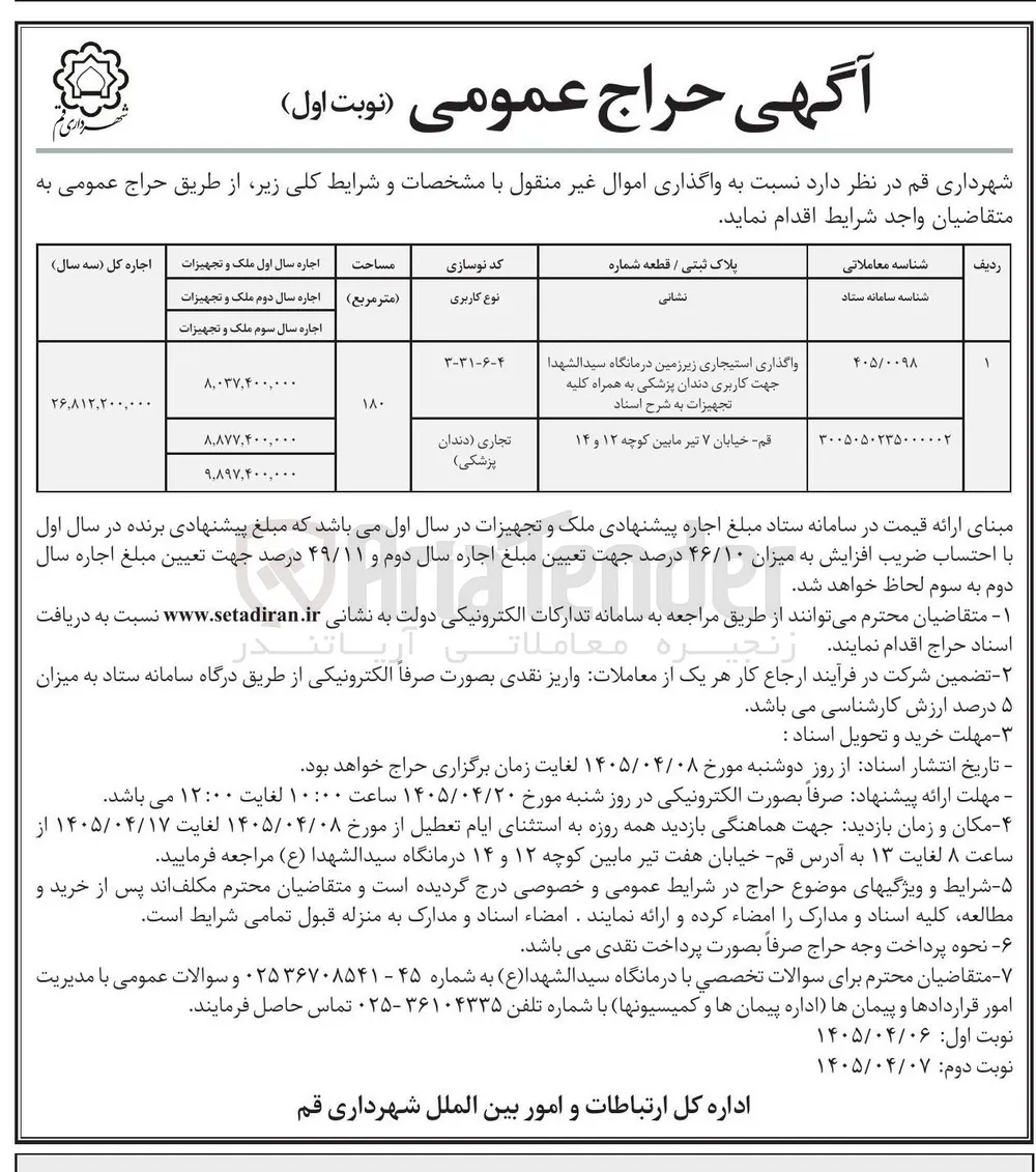 واگذاری اموال غیر منقول (اجاره زیرزمین درمانگاه و واحد تجاری)