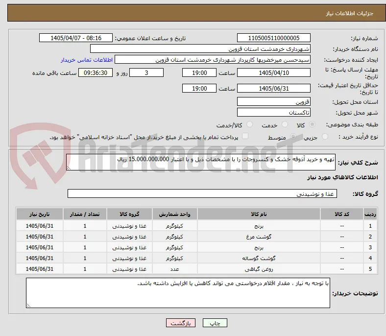 تهیه و خرید آذوقه خشک و کنسروجات را با مشخصات ذیل و با اعتبار 15.000.000.000 ریال 