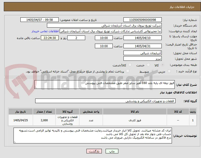 فیوز تیغه ای پایه بلند 160 آمپر سایز صفر طبق مشخصات فنی پیوستی