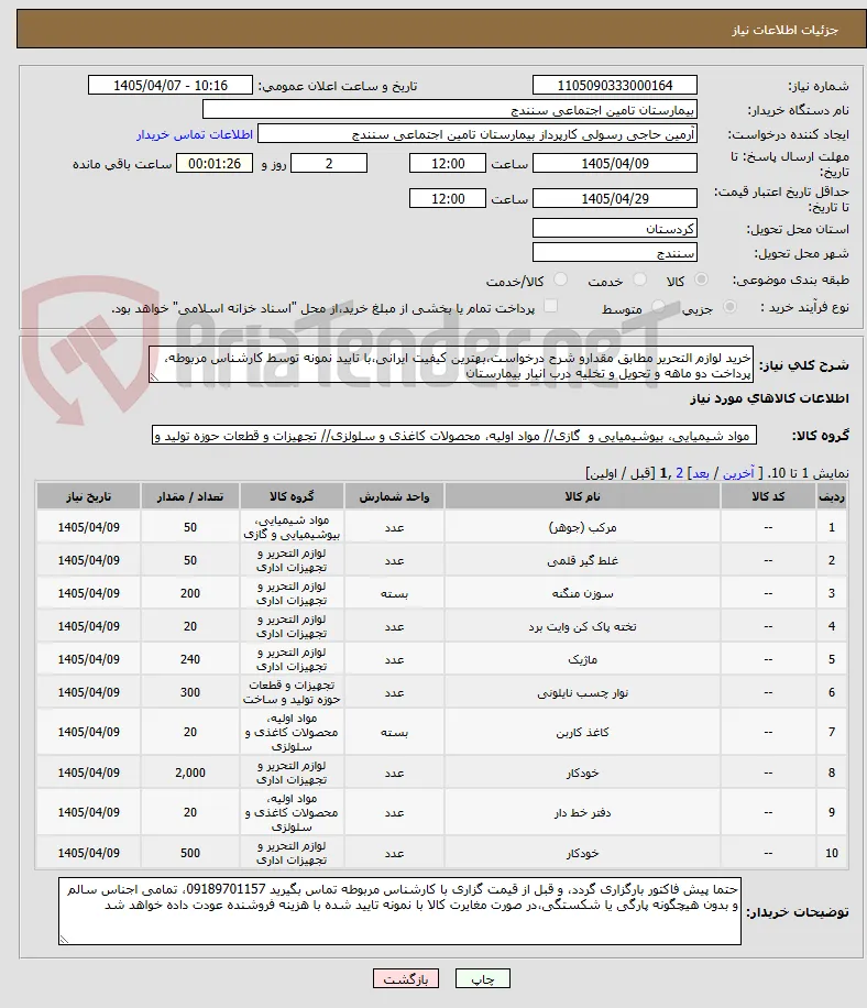 خرید لوازم التحریر مطابق مقدارو شرح درخواست،بهترین کیفیت ایرانی،با تایید نمونه توسط کارشناس مربوطه، پرداخت دو ماهه و تحویل و تخلیه درب انبار بیمارستان