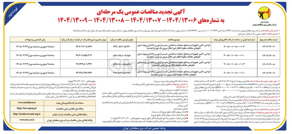 طراحی، تأمین تجهیزات و مصالح، عملیات ساختمانی، نصب و آزمون و راه اندازی بهینه سازی تابلوهای حفاظت خطوط انتقال امور انتقال نیروی یک تهران 