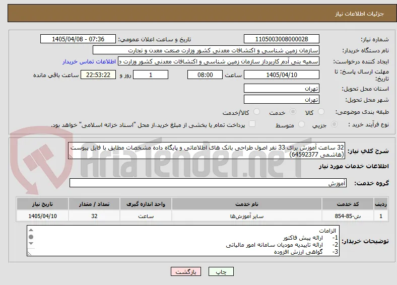 32 ساعت آموزش برای 33 نفر اصول طراحی بانک های اطلاعاتی و پایگاه داده مشخصات مطابق با فایل پیوست (هاشمی 64592377)
