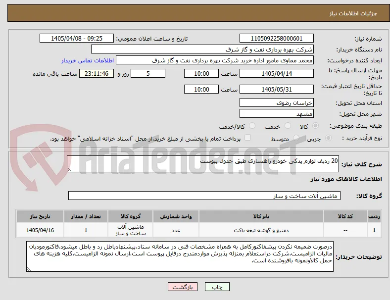 20 ردیف لوازم یدکی خودرو راهسازی طبق جدول پیوست