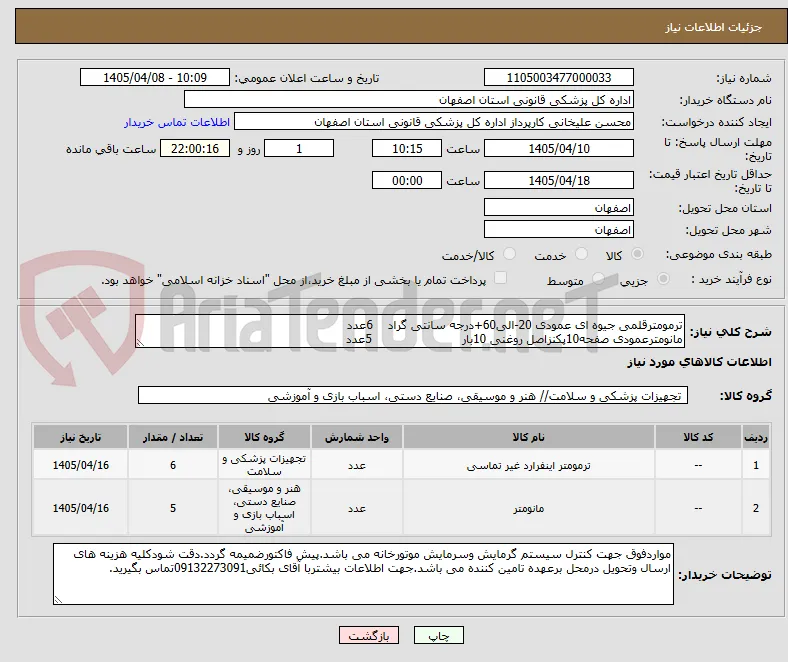 ترمومترقلمی جیوه ای عمودی 20-الی60+درجه سانتی گراد    6عدد
مانومترعمودی صفحه10پکنزاصل روغنی 10بار                        5عدد