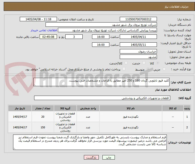 کلید فیوز تابلویی گردان 160 و 250 آمپر مطابق با الزامات و مشخصات فنی پیوست.