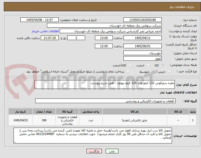 مقره سلیکونی 132 کیلو ولت 120 کیلو نیوتون - طبق شرح پیوست