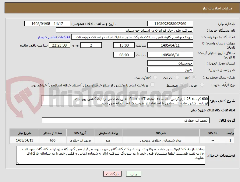 600 کیسه 25 کیلوگرمی نشاسته دمابالا Starch HT  طبق شاخص آزمایشگاهی پیوست 
ارزیابی کیفی ماده شیمیایی با استفاده از ضریب کارایی انجام می شود