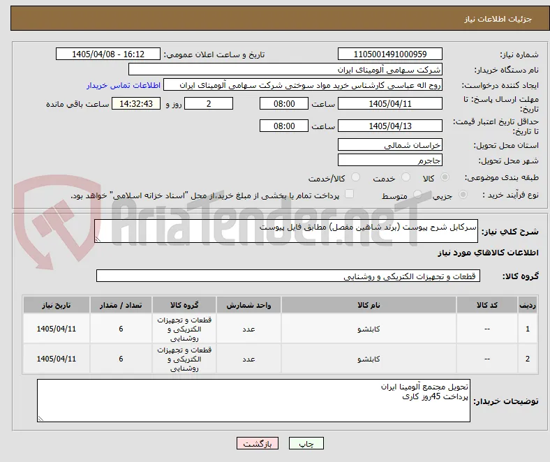 سرکابل شرح پیوست (برند شاهین مفصل) مطابق فایل پیوست