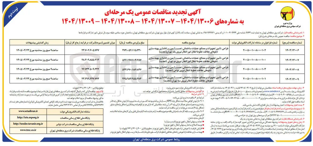 طراحی ، تأمین تجهیزات و مصالح ، عملیات ساختمانی ، نصب و آزمون و راه اندازی بهینه سازی تابلوهای حفاظت خطوط انتقال نیروی نواحی 