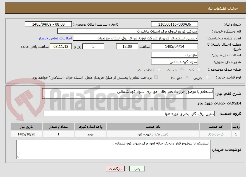 استعلام با موضوع قرار دادحفر چاله امور برق سواد کوه شمالی