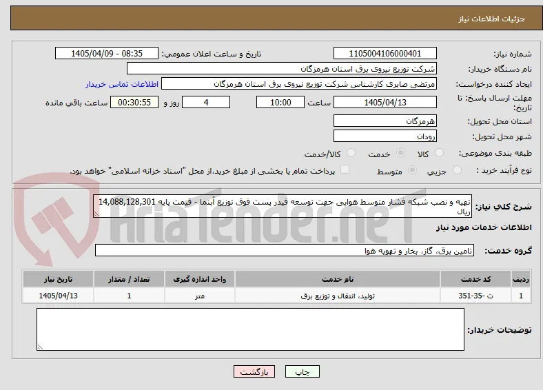 تهیه و نصب شبکه فشار متوسط هوایی جهت توسعه فیدر پست فوق توزیع آبنما - قیمت پایه 14,088,128,301 ریال