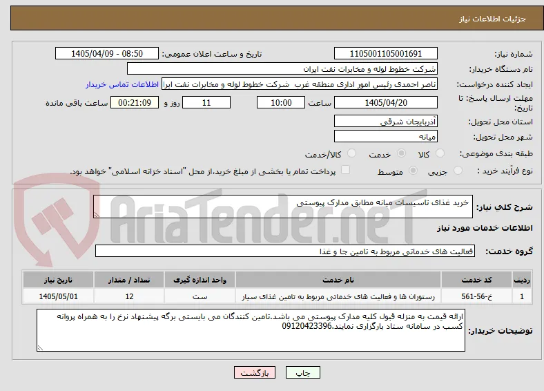  خرید غذای تاسیسات میانه مطابق مدارک پیوستی