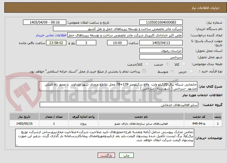 جابجایی شبکه برق 20کیلو ولت  واقع درکیلومتر 139+78 محل تقاطع ورودی شهر مزداوند  با محور راه اصلی مشهد -سرخس ( شهرستان سرخس )