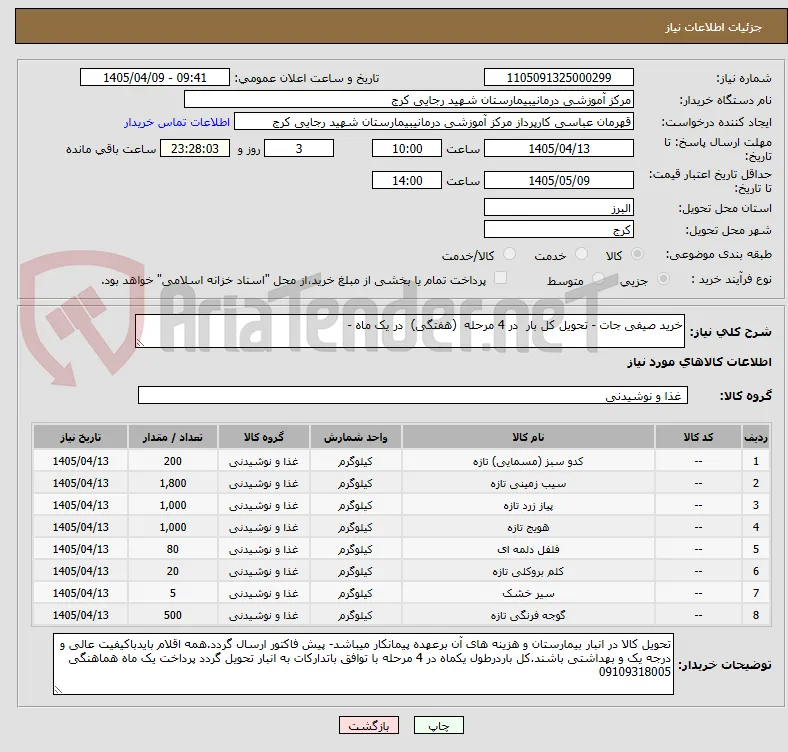 خرید صیفی جات - تحویل کل بار  در 4 مرحله  (هفتگی)  در یک ماه -  