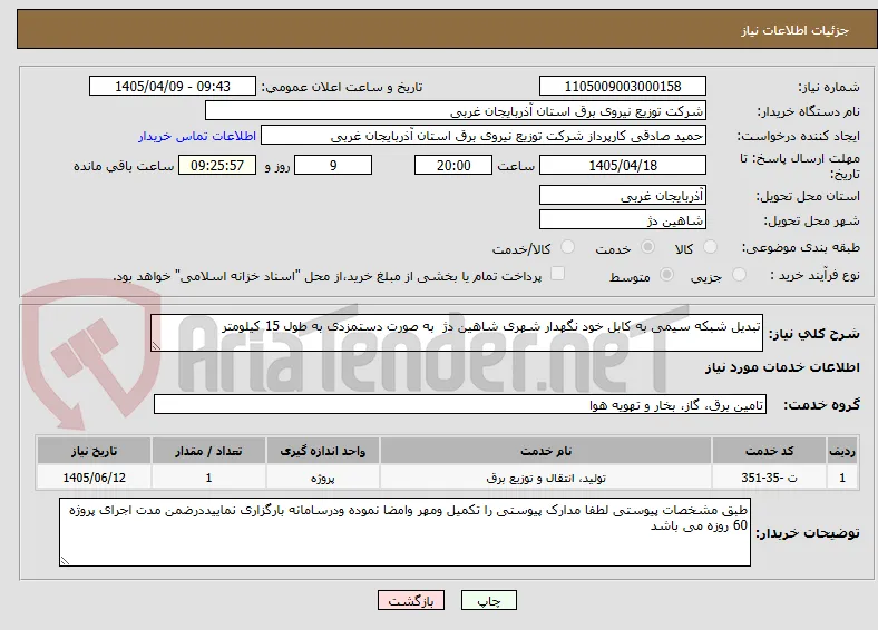 تبدیل شبکه سیمی به کابل خود نگهدار شهری شاهین دژ  به صورت دستمزدی به طول 15 کیلومتر