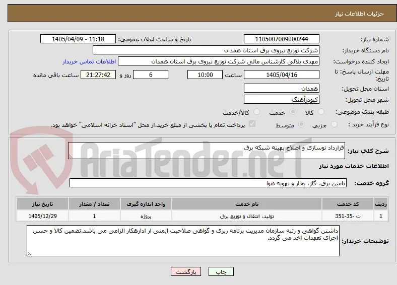 قرارداد نوسازی و اصلاح بهینه شبکه برق