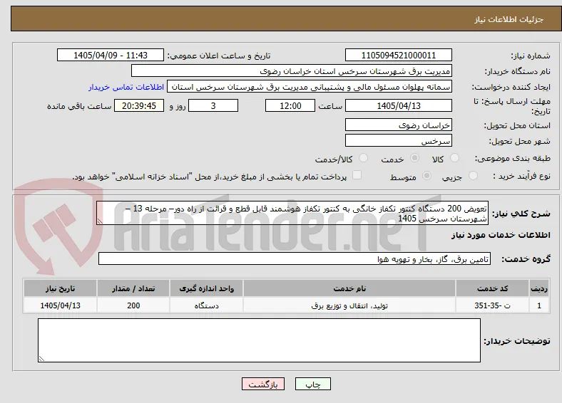 تعویض 200 دستگاه کنتور تکفاز خانگی به کنتور تکفاز هوشمند قابل قطع و قرائت از راه دور– مرحله 13 – شهرستان سرخس 1405