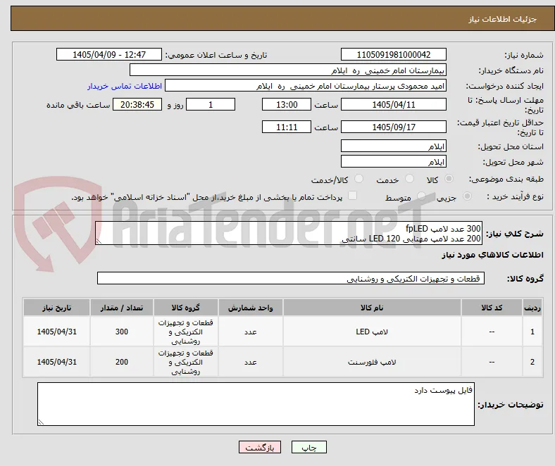 300 عدد لامپ fpLED 
200 عدد لامپ مهتابی LED 120 سانتی