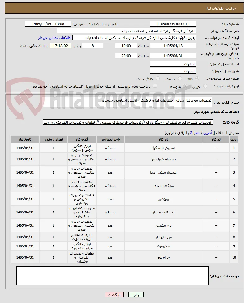 تجهیزات مورد نیاز سالن اجتماعات اداره فرهنگ و ارشاد اسلامی سمیرم