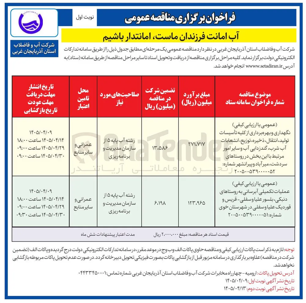 عملیات تکمیلی آبرسانی به روستاهای دنبکی، بلسور علیا و سفلی - قریس و قوردیک علیا و سفلی در شهرستان خوی