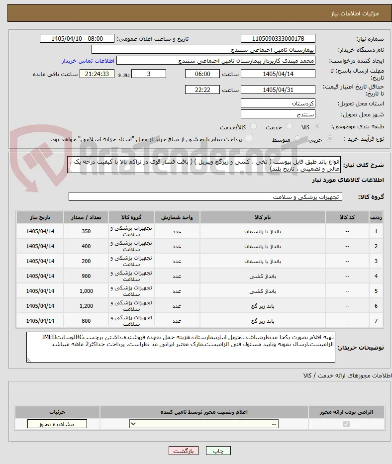 انواع باند طبق فایل پیوست ( نخی ، کشی و زیرگچ ویبریل ) ( بافت فشار قوی در تراکم بالا با کیفیت درجه یک ، عالی و تضمینی ، تاریخ بلند)