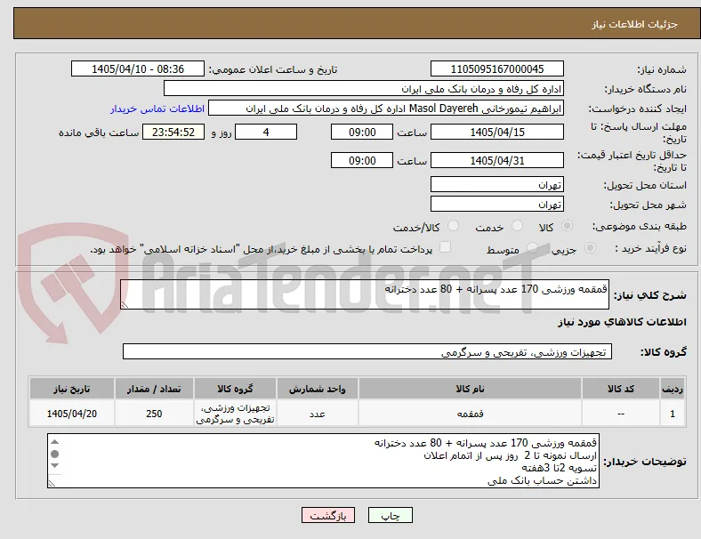 قمقمه ورزشی 170 عدد پسرانه + 80 عدد دخترانه