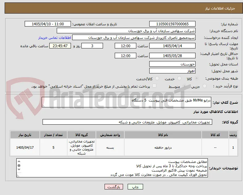 درایو NVMe طبق مشخصات فنی پیوست  5 دستگاه