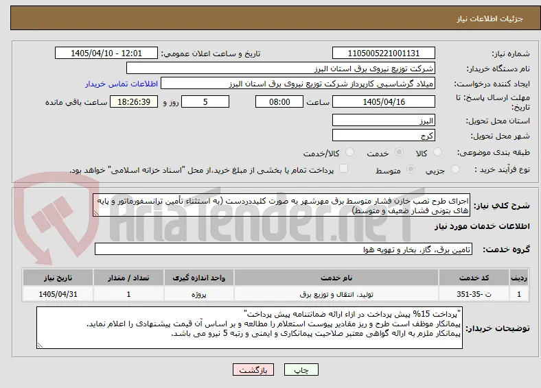 اجرای طرح نصب خازن فشار متوسط برق مهرشهر به صورت کلیددردست (به استثناء تأمین ترانسفورماتور و پایه های بتونی فشار ضعیف و متوسط)