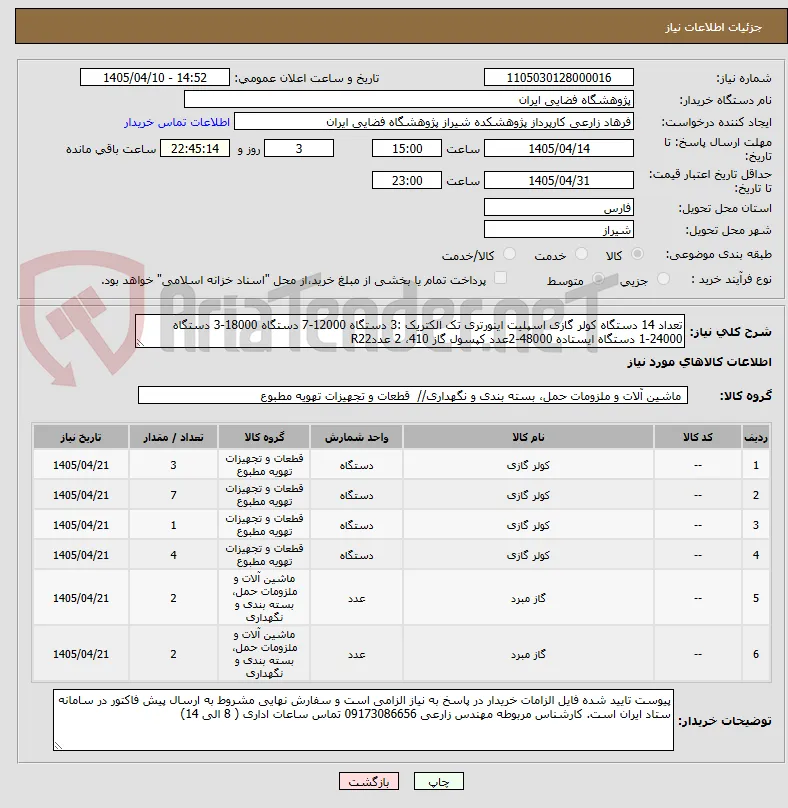 تعداد 14 دستگاه کولر گازی اسپلیت اینورتری تک الکتریک :3 دستگاه 12000-7 دستگاه 18000-3 دستگاه 24000-1 دستگاه ایستاده 48000-2عدد کپسول گاز 410، 2 عددR22