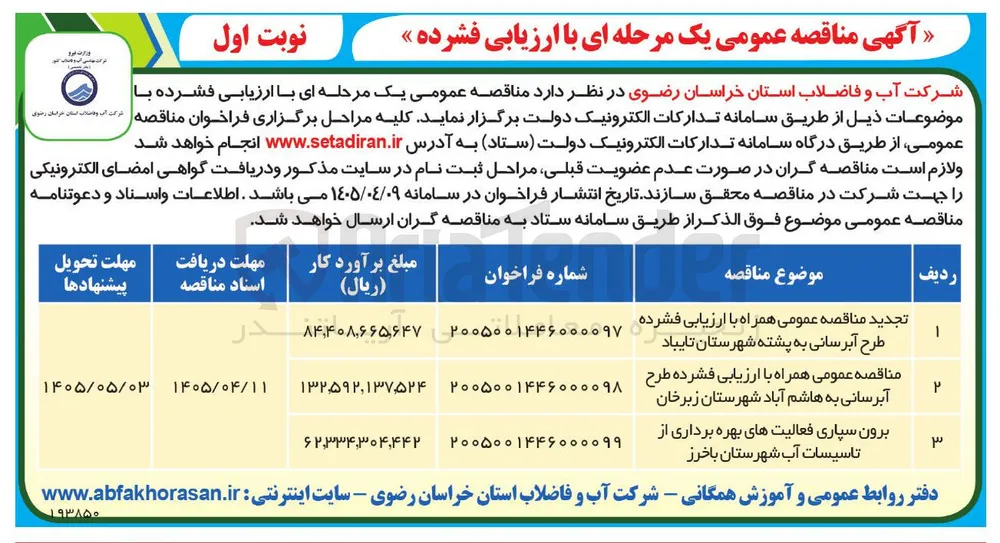 برون سپاری فعالیت های بهره برداری از تاسیسات آب شهرستان باخرز