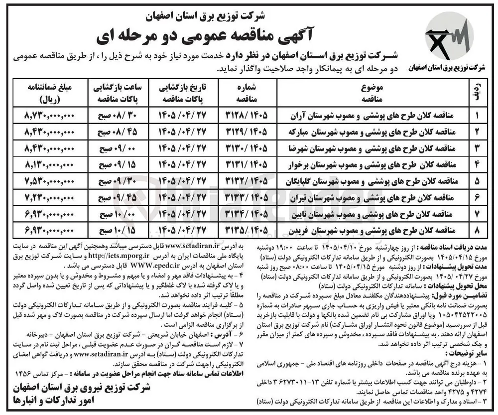 مناقصه کلان طرح های پوششی و مصوب شهرستان فریدن 