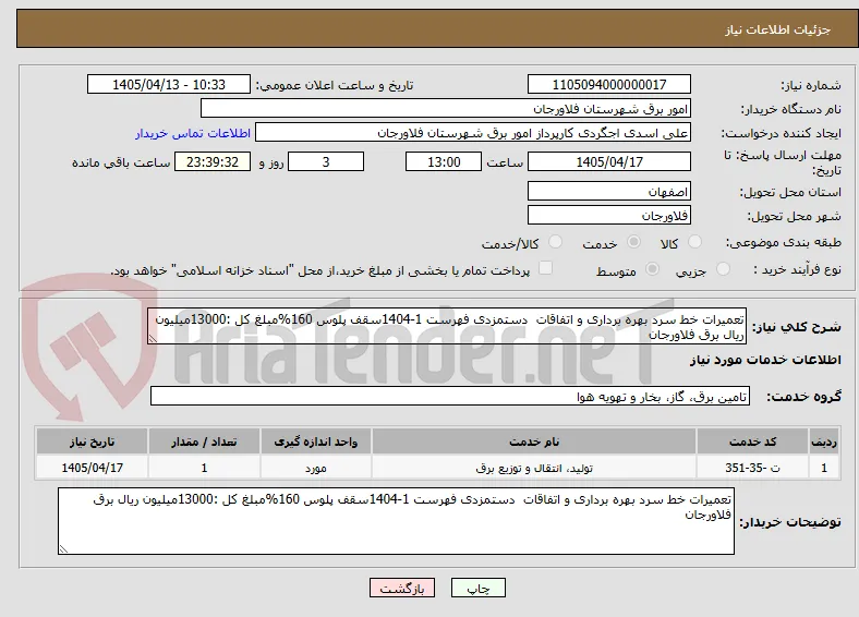 تعمیرات خط سرد بهره برداری و اتفاقات  دستمزدی فهرست 1-1404سقف پلوس 160%مبلغ کل :13000میلیون ریال برق فلاورجان 