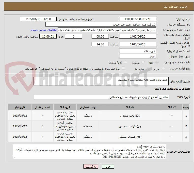 خرید لوازم آشپزخانه مطابق شرح پیوست