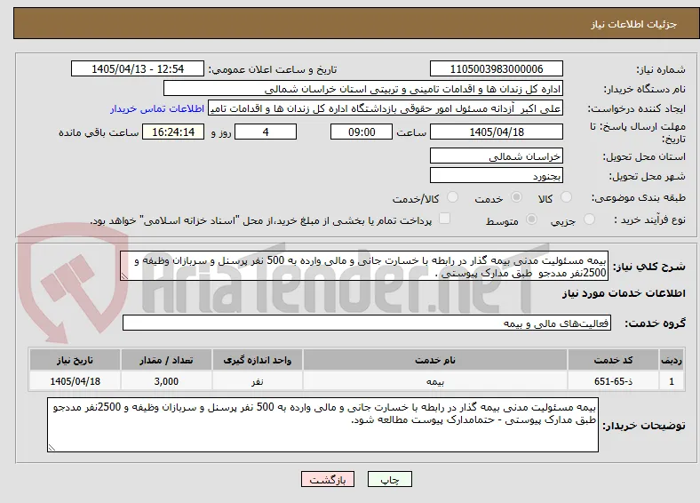 بیمه مسئولیت مدنی بیمه گذار در رابطه با خسارت جانی و مالی وارده به 500 نفر پرسنل و سربازان وظیفه و 2500نفر مددجو  طبق مدارک پیوستی .
