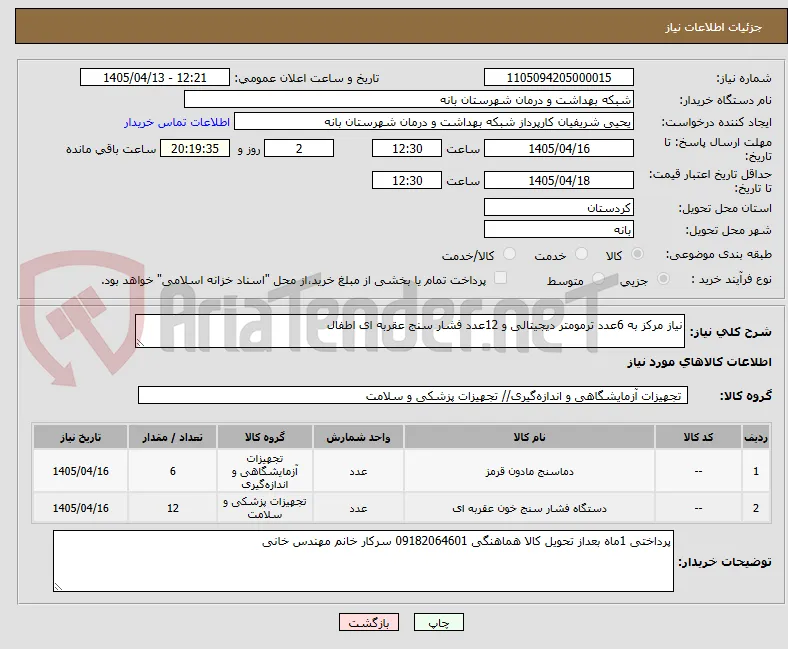 نیاز مرکز به 6عدد ترمومتر دیجیتالی و 12عدد فشار سنج عقربه ای اطفال