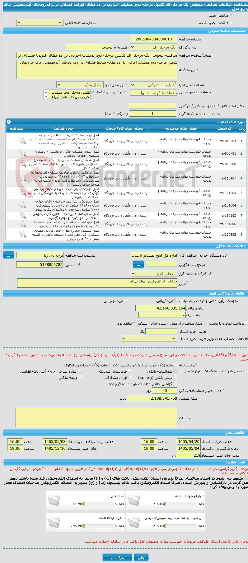 مناقصه عمومی یک مرحله ای تکمیل مرحله دوم عملیات اجرایی پل ده دهانه قیزلجا قشلاق بر روی رودخانه آیدوغموش چای چارویماق