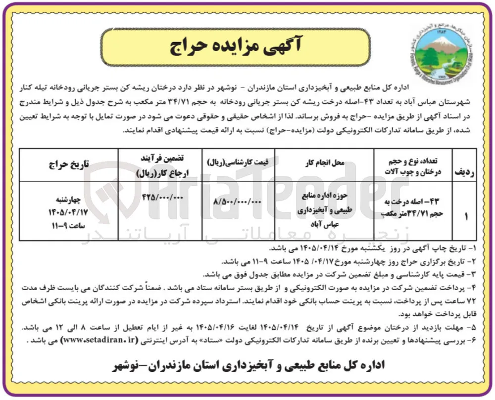 فروش ۴۳ اصله درخت ریشه کن و چوب آلات